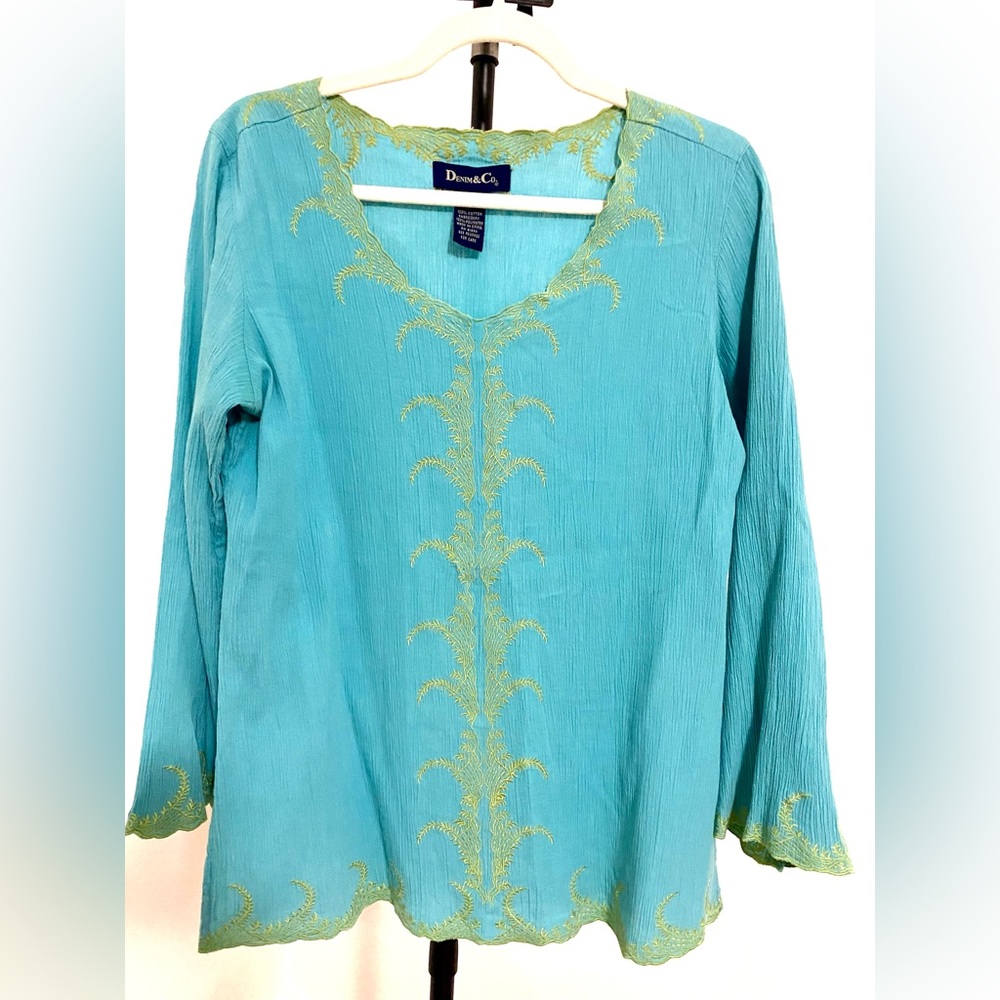 Denim & Co. Turquoise Embroidered Cotton Tunic Blouse